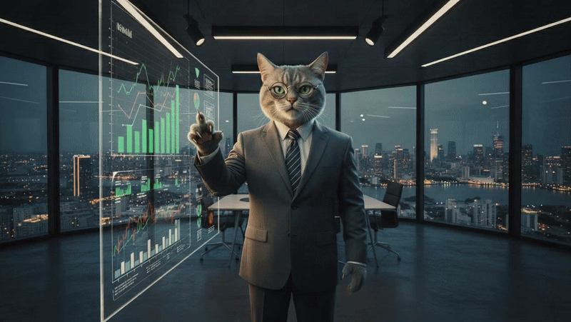 Cat in a suit next to charts