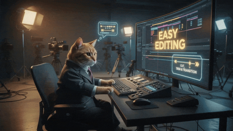 Cat at a computer editing video