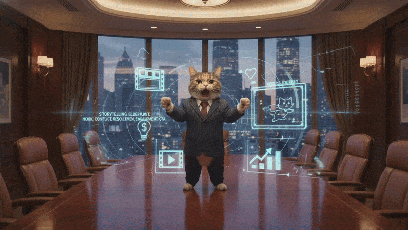 Cat on a table with floating visuals